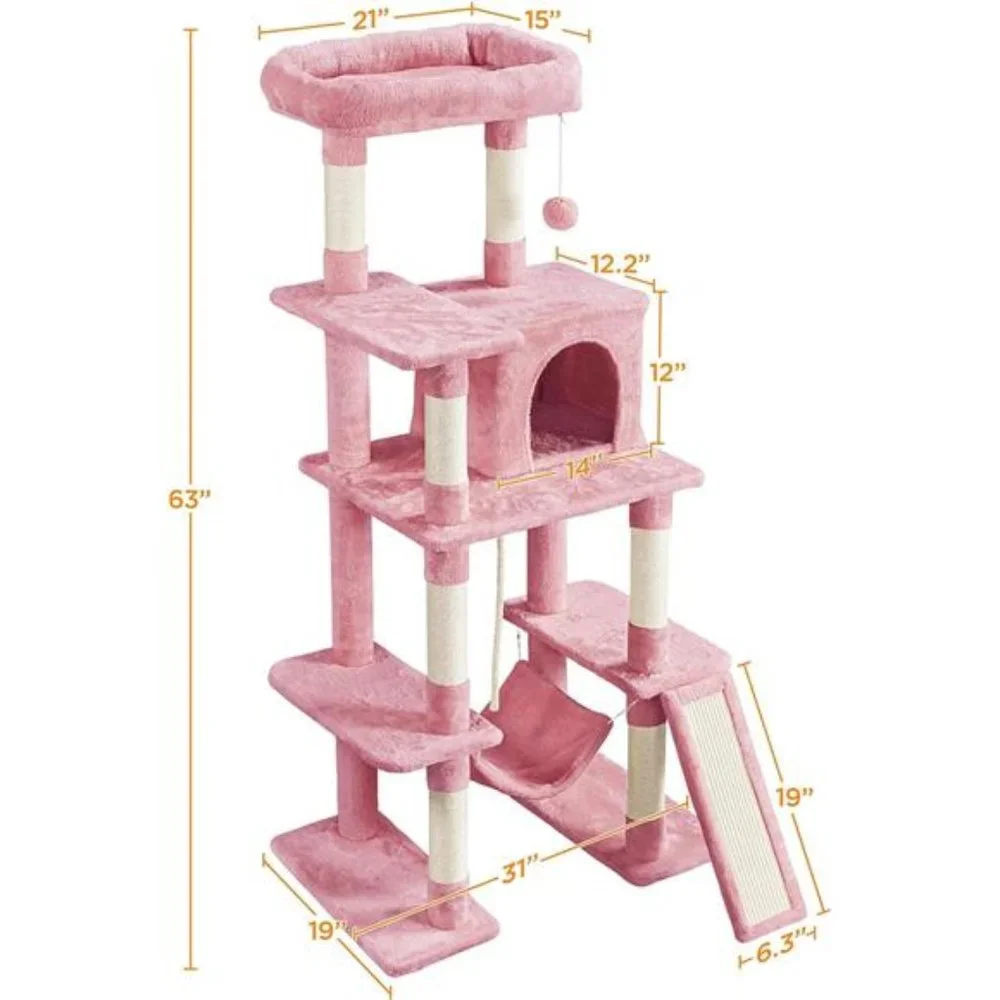 63in Multi-Level Tall Cat Tree w/Sisal-Covered Scratching Posts & Condo, Pink